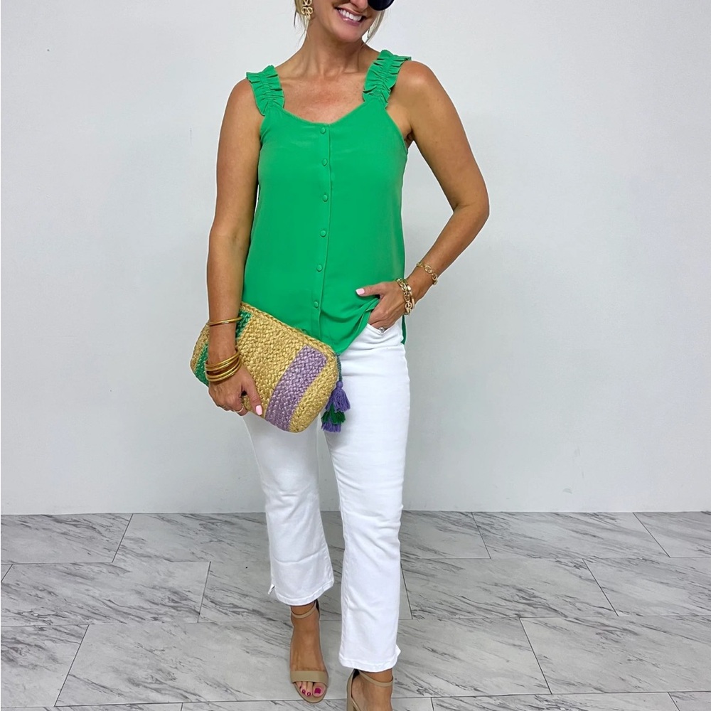 Green Ruffle Strap Button-Down Top - Picture 2 of 11